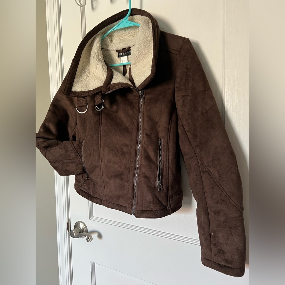 Bomber Crop Jacket Faux Suede and Shearling with cowl neck